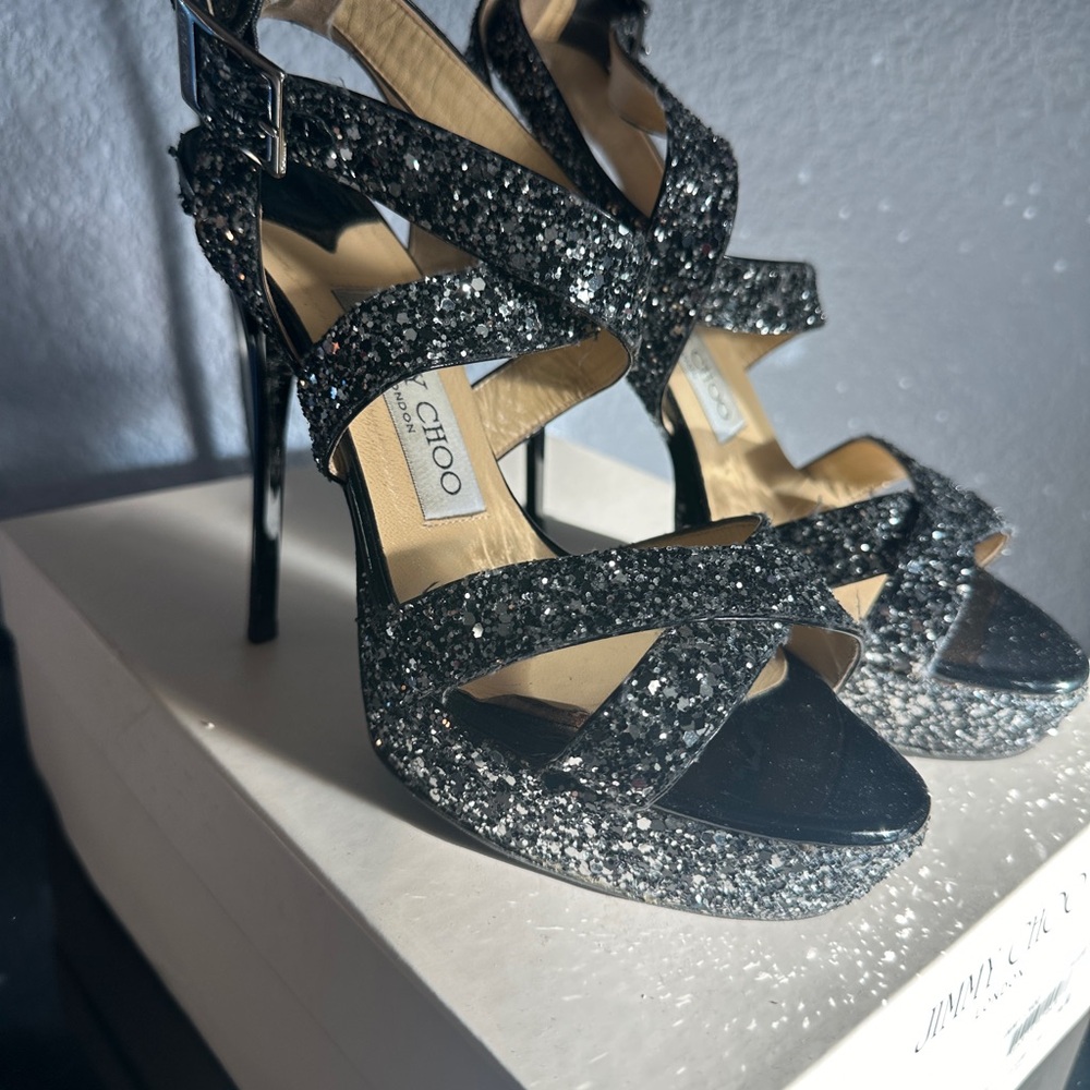 Jimmy Choo Black Glitter Vamp Ankle Strap
Platform Heels size 6